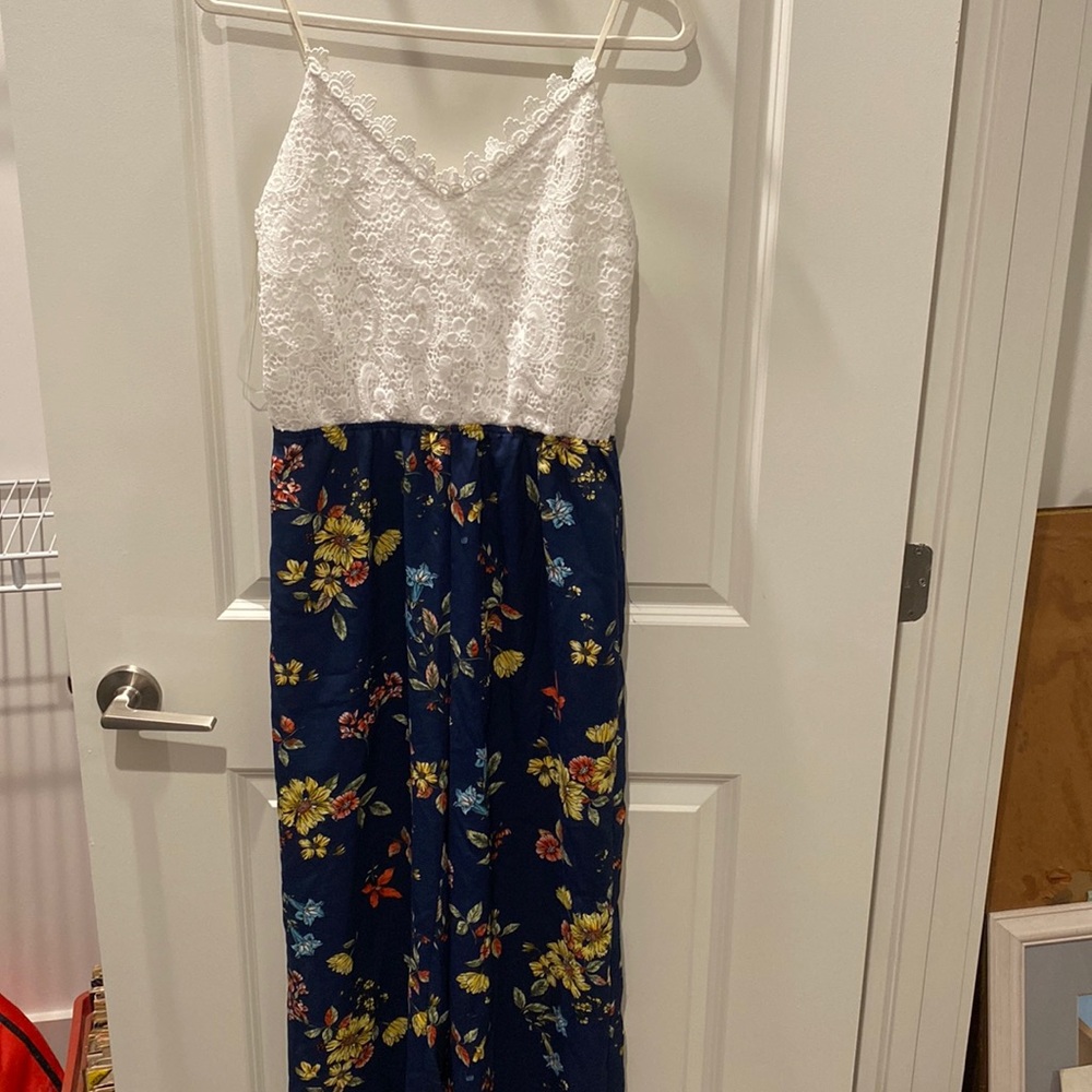 Printed jumpsuit with lace detail and thin straps